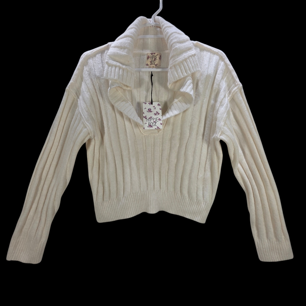 Hippie Rose Cream V-Neck Crop Sweater Size Large NWT